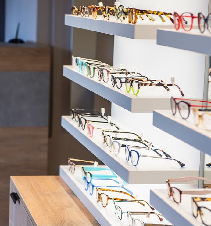 Premium eyewear showroom display featuring designer and independent frames at Dipple & Conway